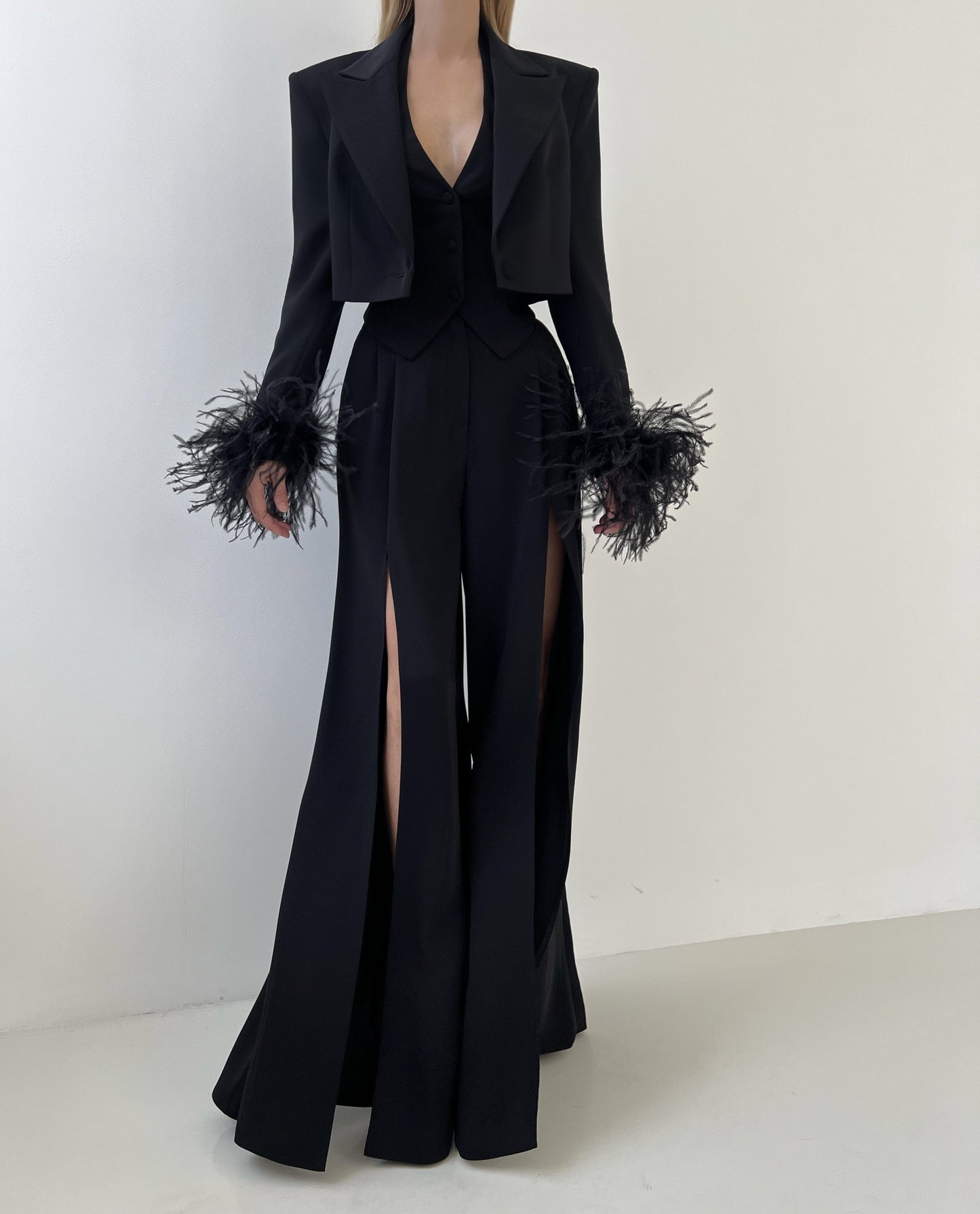 cropped blazer with ostrich feather lace