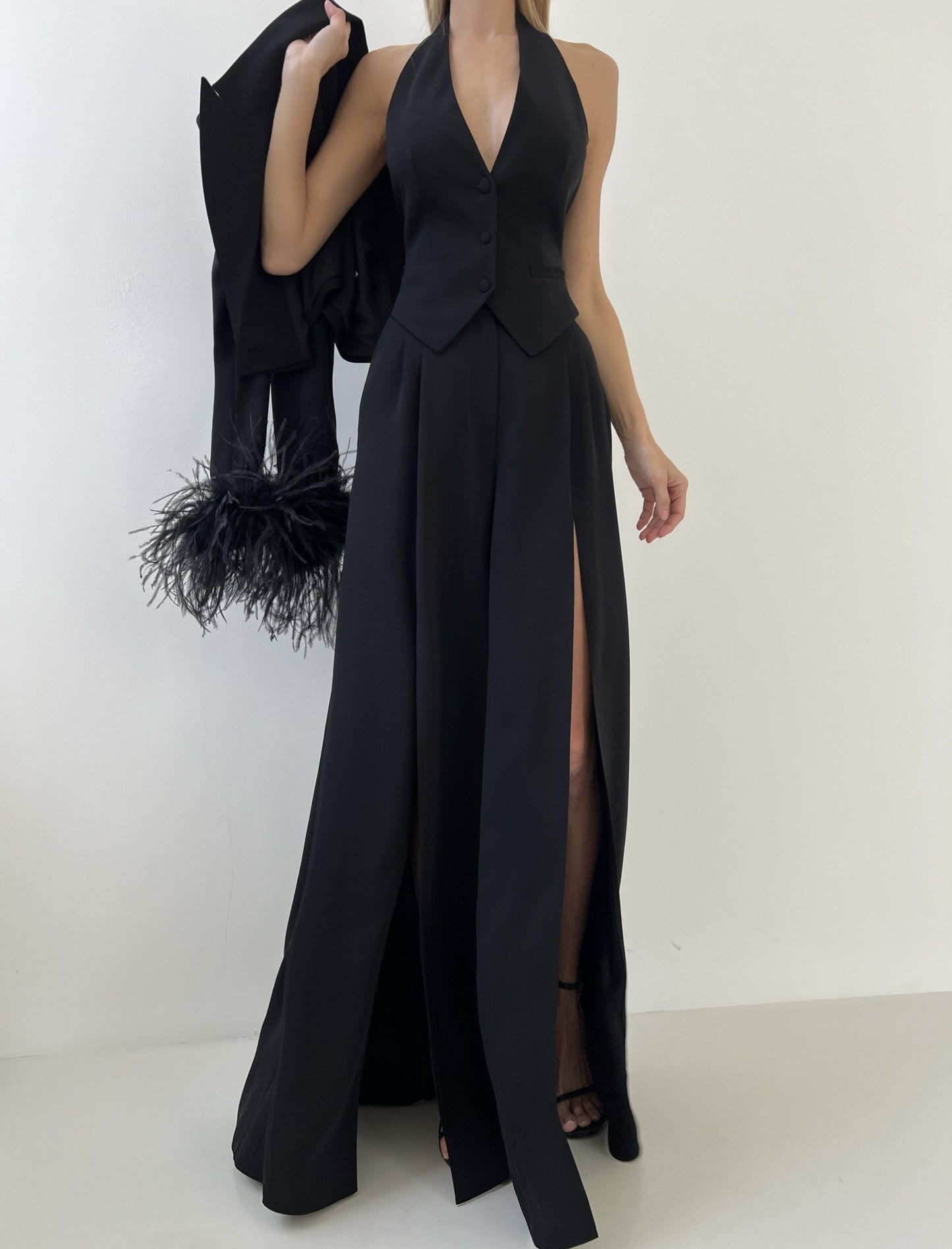 halter neck waistcoat with flared pants