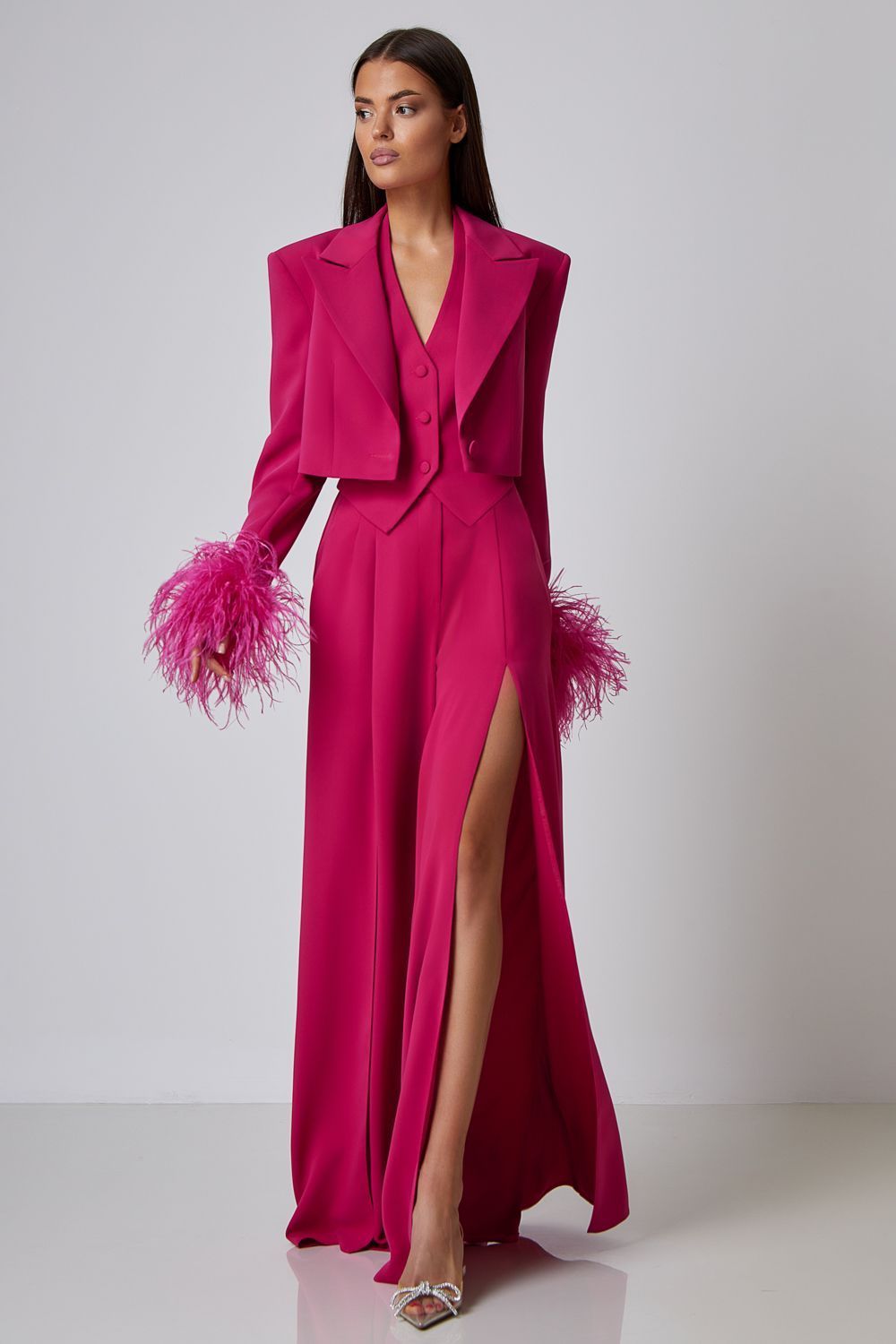 cropped blazer with ostrich feather lace