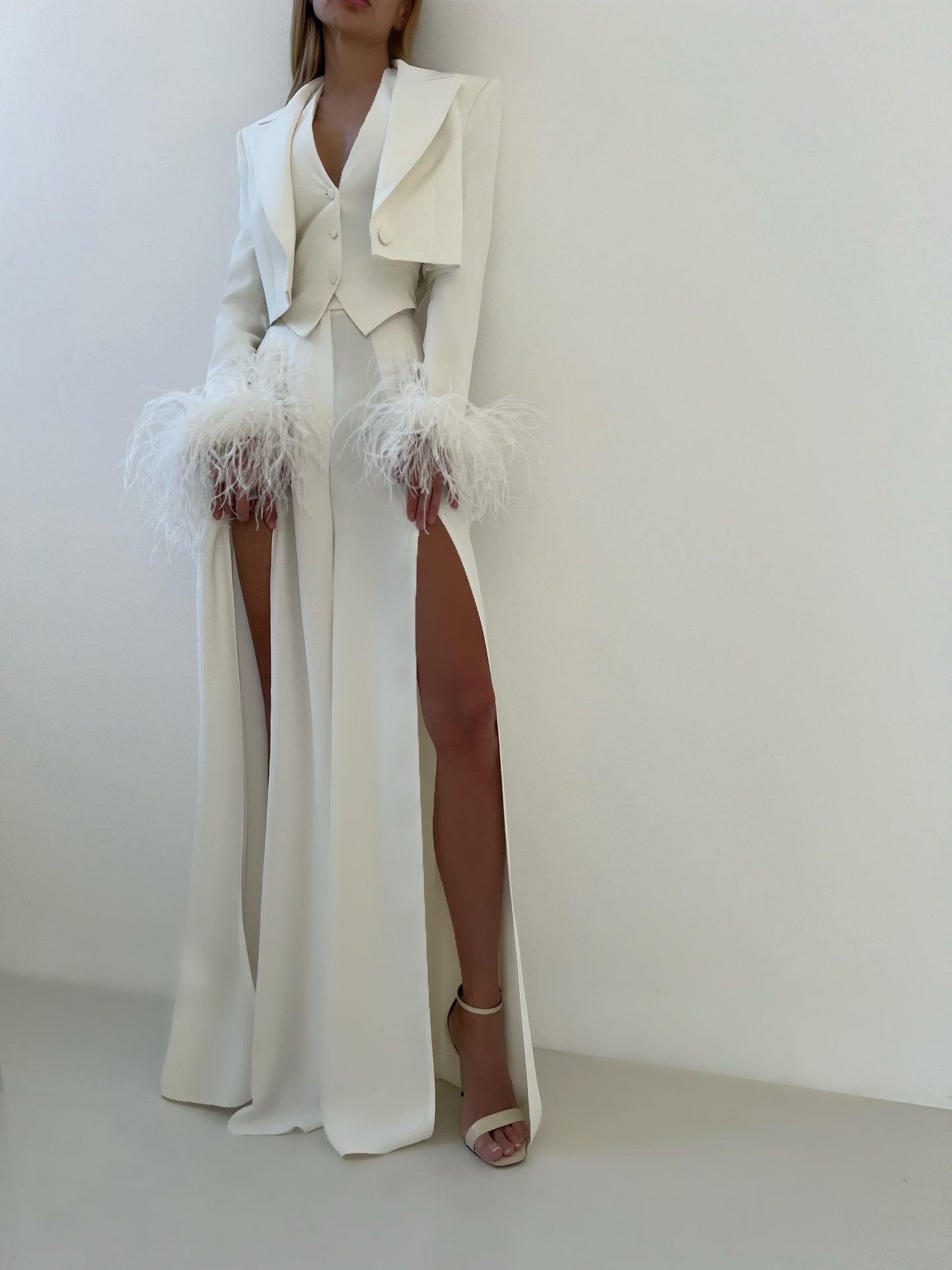 cropped blazer with ostrich feather lace