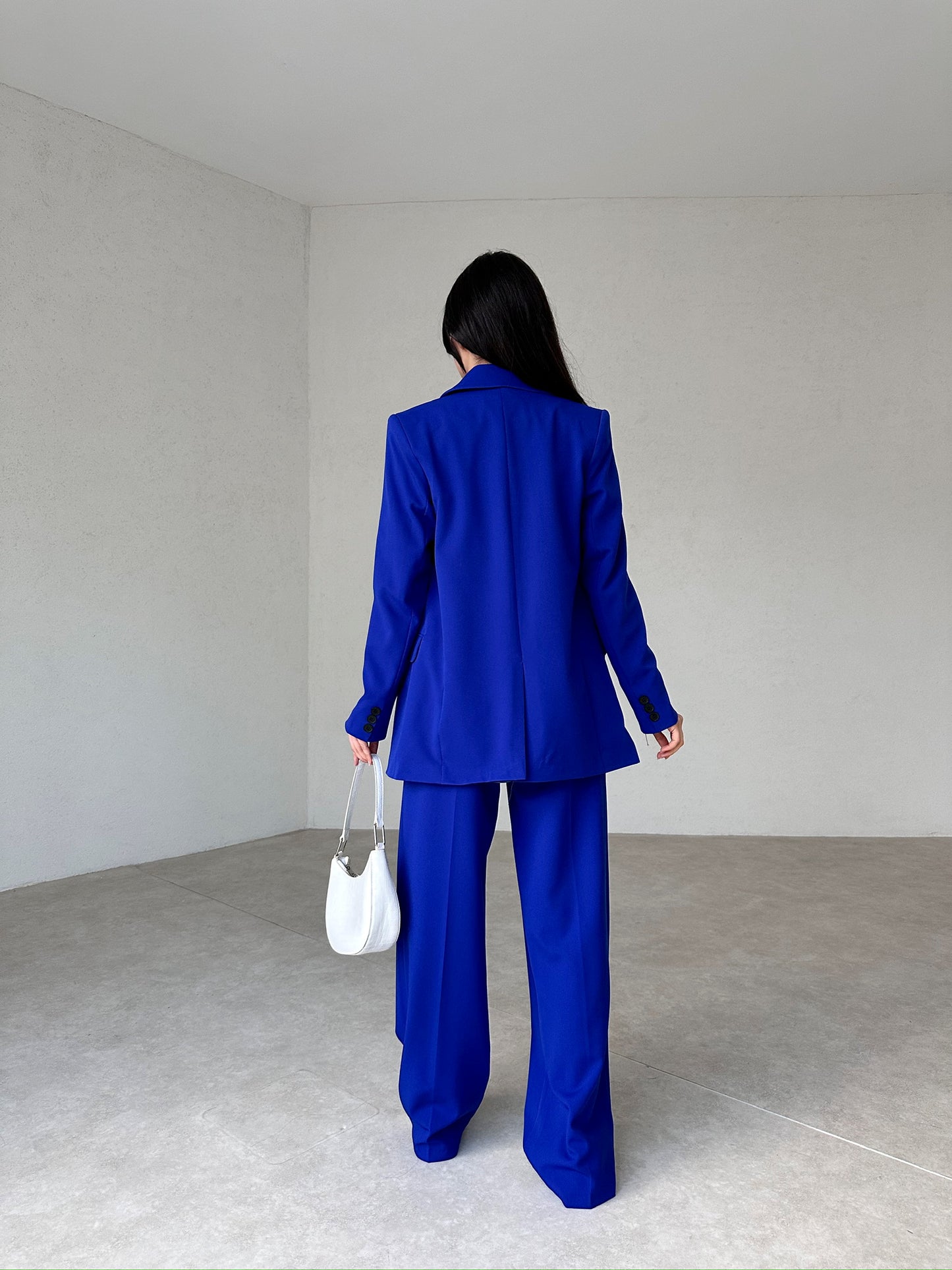 double-breasted blue boyfriend pantsuit