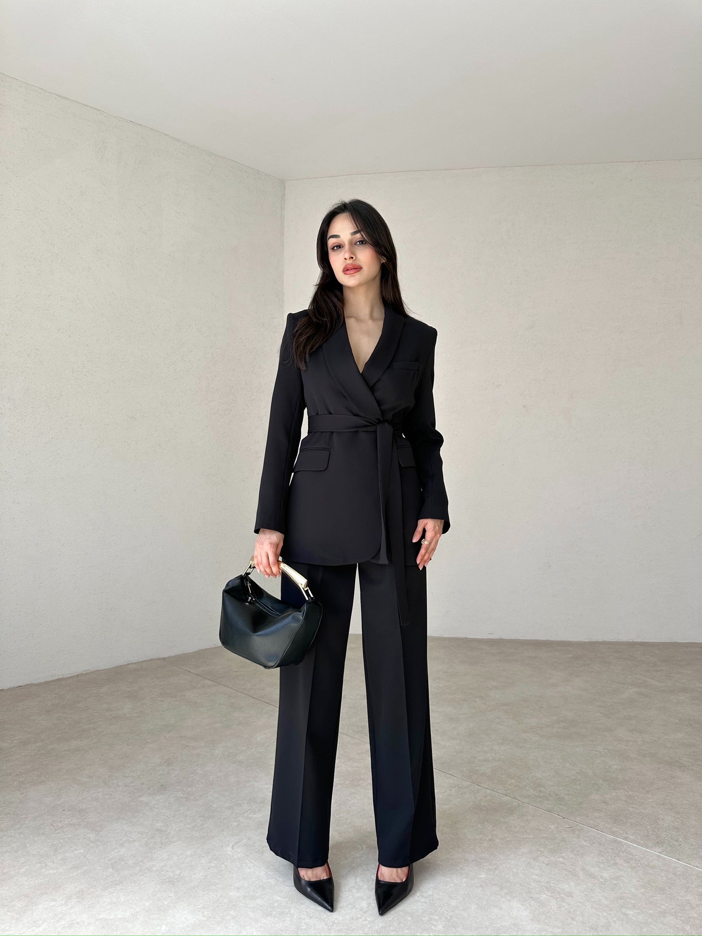 double-breasted pantsuit with belt