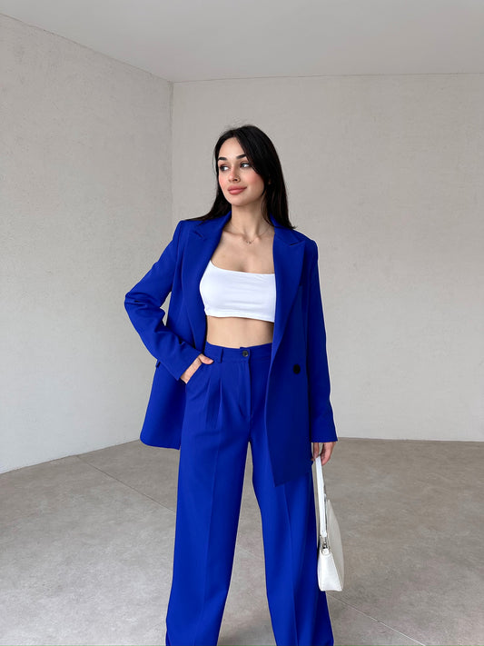 double-breasted blue boyfriend pantsuit
