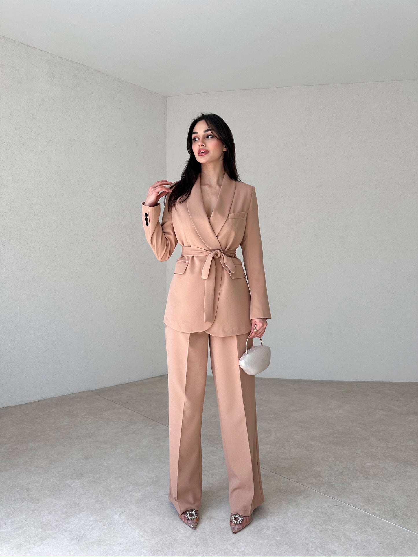 double-breasted pantsuit with belt